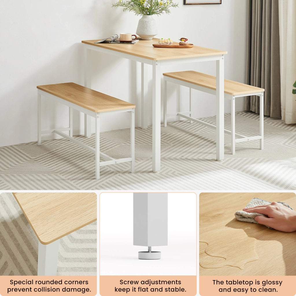Tavolo da pranzo per 4 persone con 2 panche, stile industriale, per cucina, in truciolare e acciaio, naturale e bianco, 110 × 60 × 75 cm