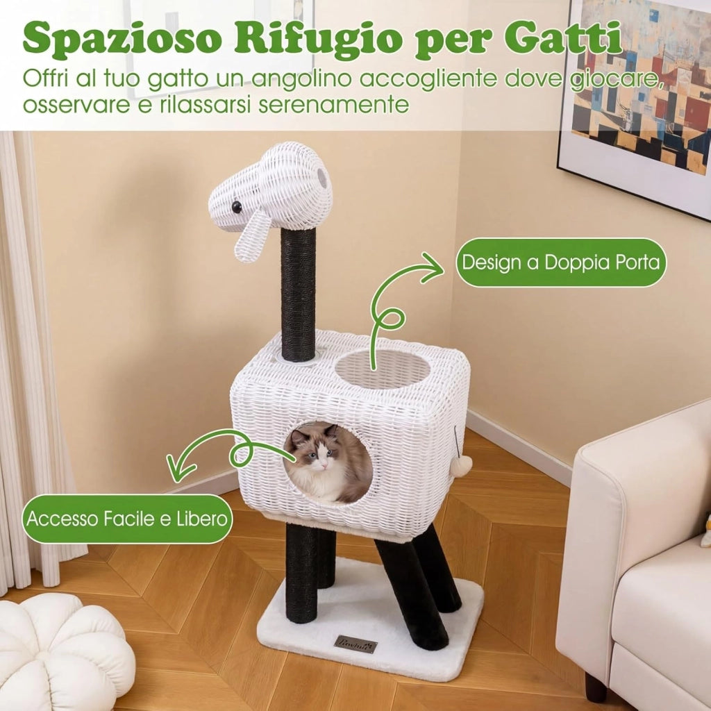 Albero Tiragraffi per Gatti, Tiragraffi per Gatti in Rattan con Grotta, 5 Pali Tiragraffi in Sisal, Cuscino Morbido e Pompon, Cuccia per Gatti da Interno a Forma di Pecora, 47 x 35,5 x 110 cm
