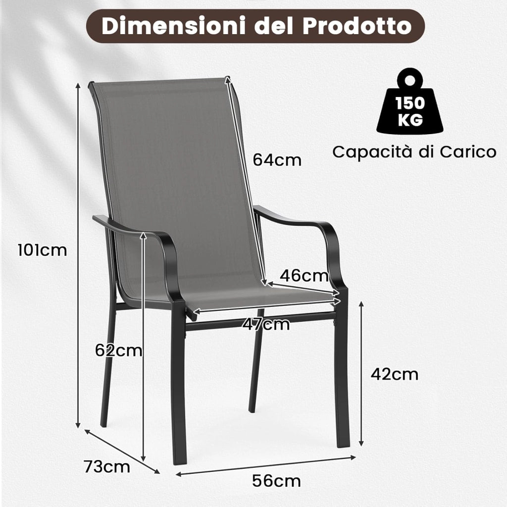 Set di 2/4 Sedie da Pranzo Giardino, Mobile da Pranzo con Schienale Alto, Struttura in Metallo, Poltrona per Esterno Giardio Balcone, Portata 150 kg