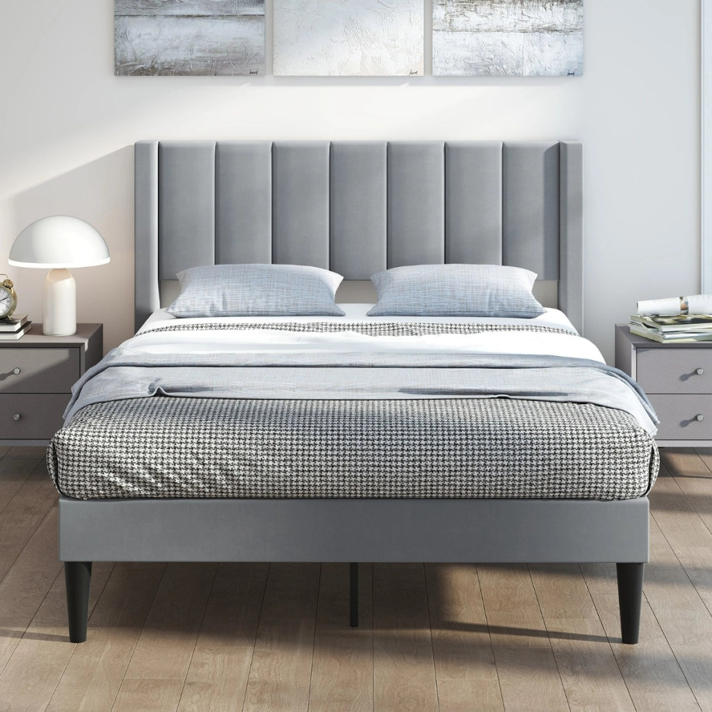 Struttura letto matrimoniale con rivestimento in tessuto di velluto-Letto a piattaforma con piedini regolabili Grigio