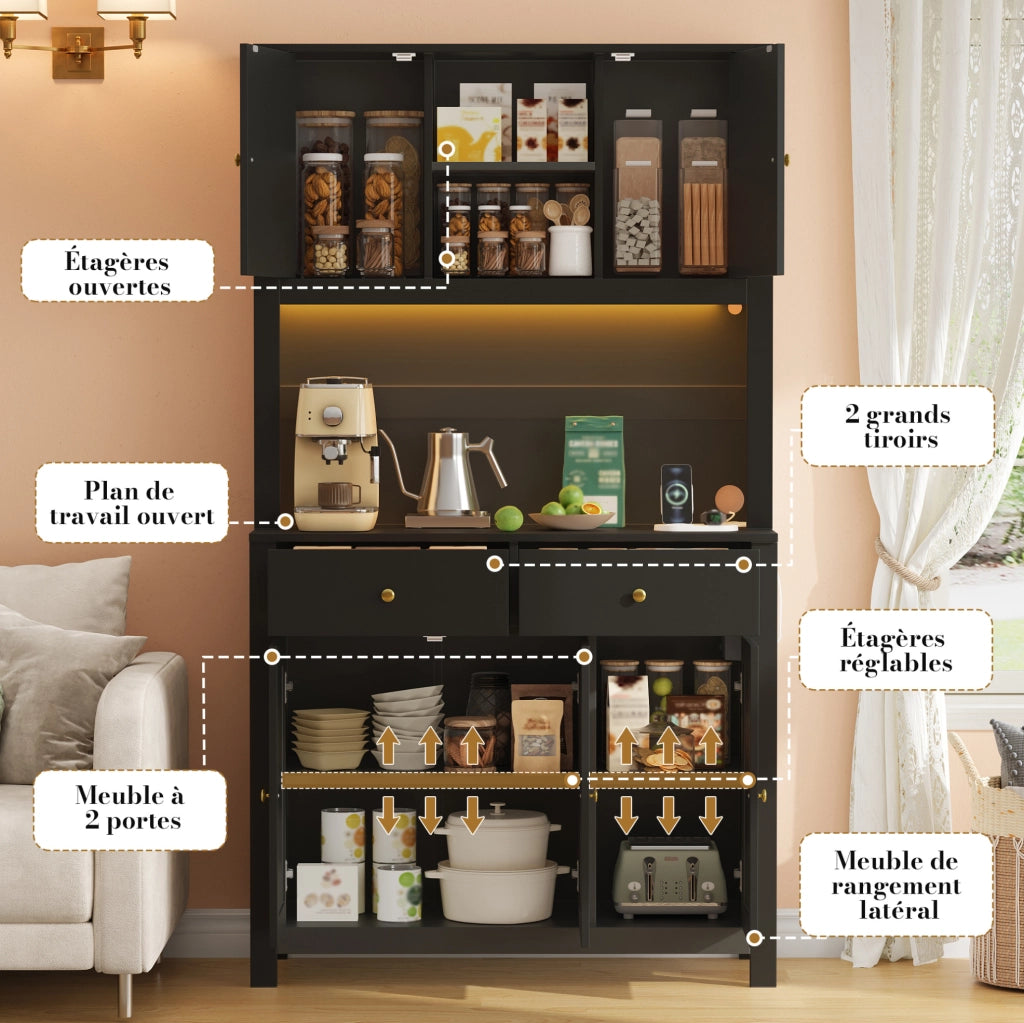 Credenza cucina alta 100x40x180 cm in MDF nero con ante in rattan; LED RGB e prese integrate