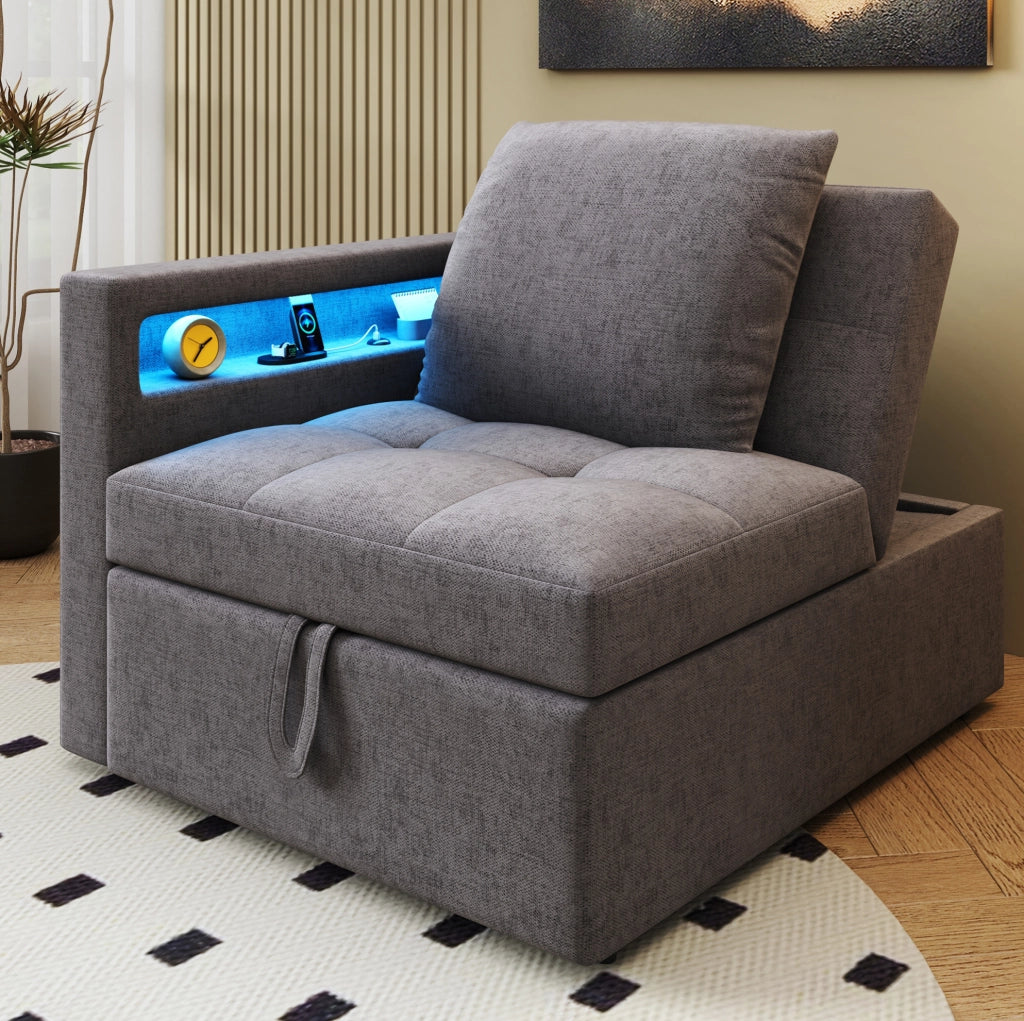 Divano letto 3 in 1 con schienale reclinabile a 5 posizioni; LED e USB in lino grigio scuro