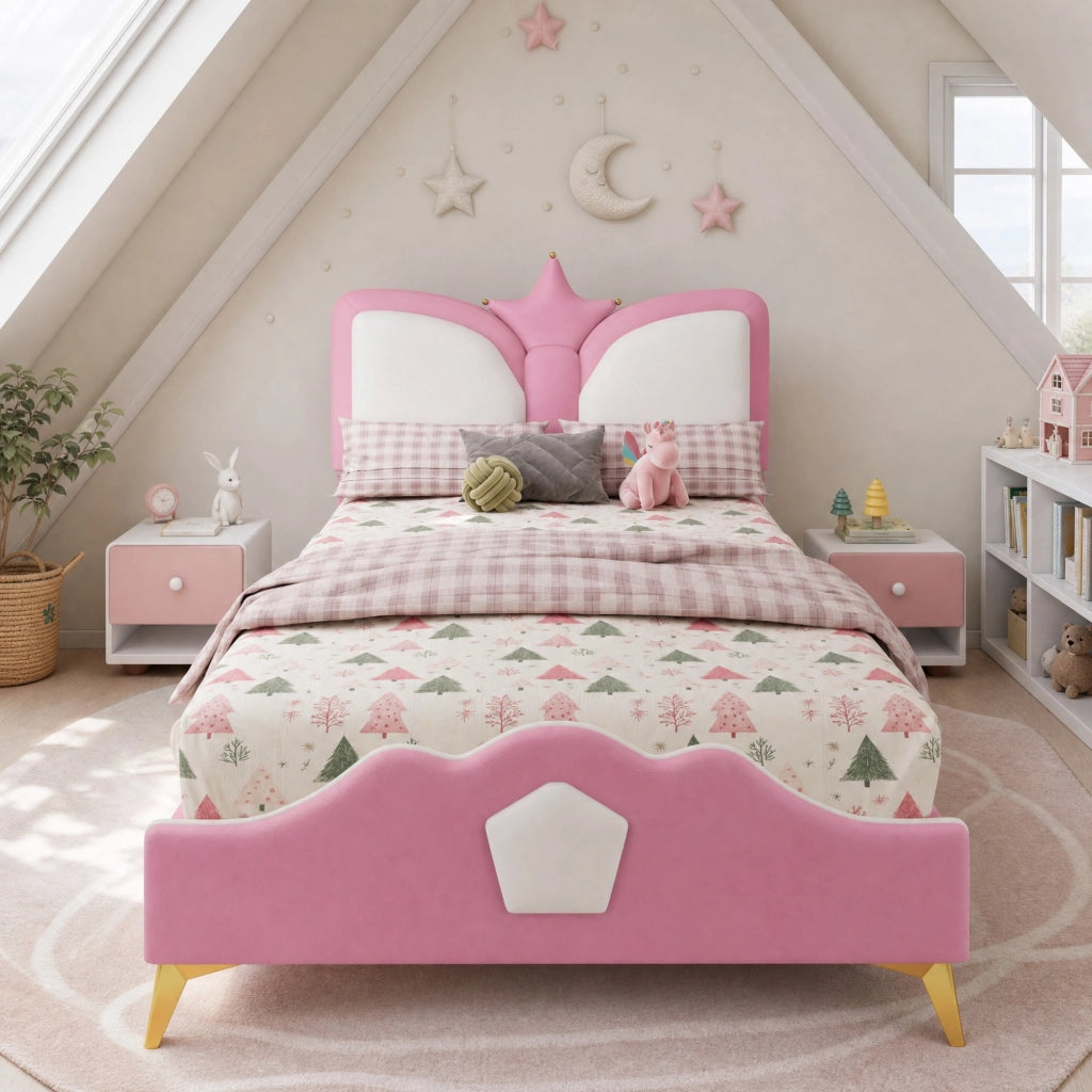 Letto per bambini imbottito 90x200 cm in rosa e bianco, testiera a forma di corona, struttura in PU e ferro