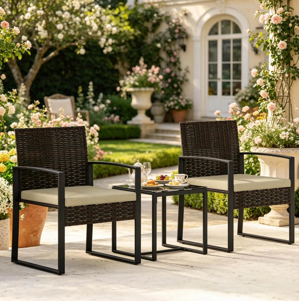 Set da giardino con tavolino e 2 sedie in rattan PE e acciaio