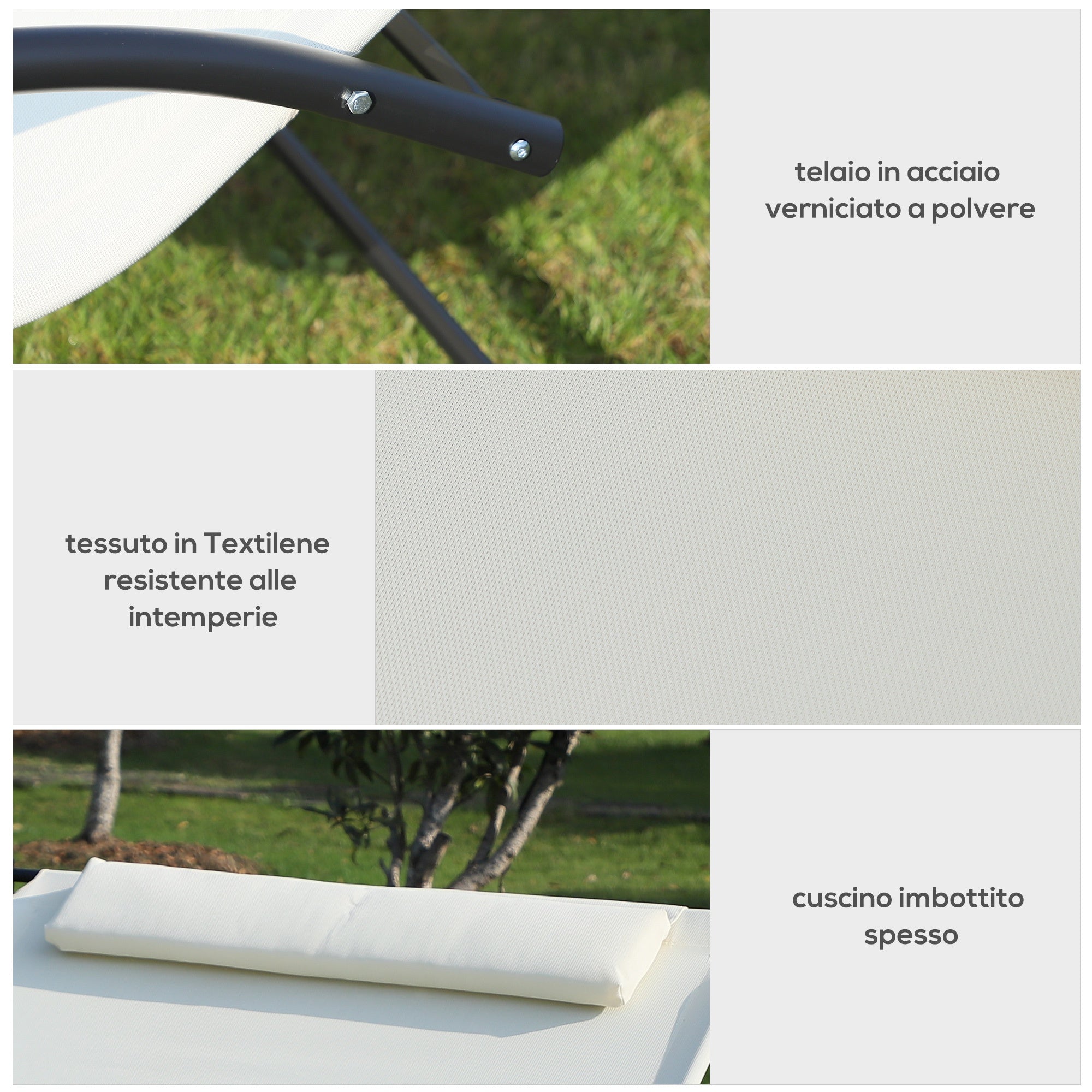 Lettino Prendisole a Dondolo 2 Posti da Giardino 140x200x88 cm in Metallo e Textilene Bianco Crema