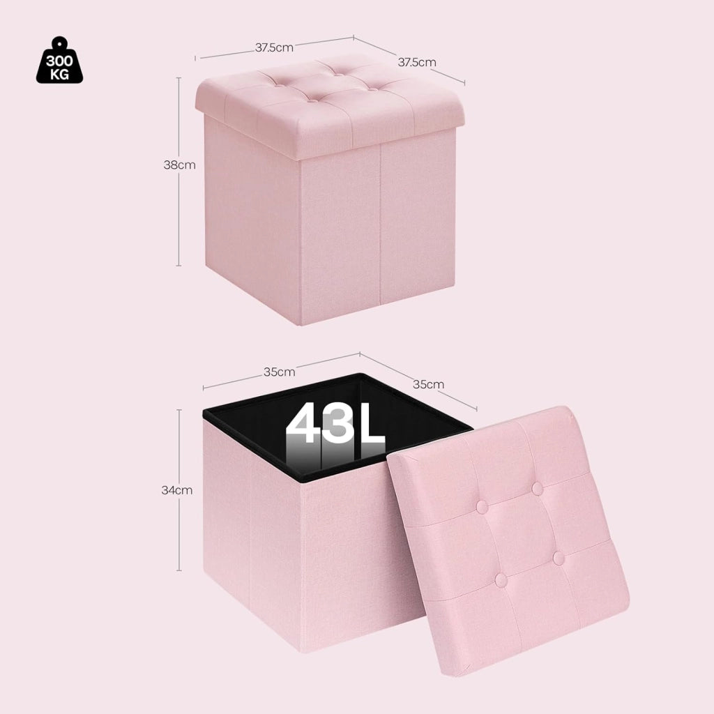 Set di 2 Panchetta con Contenitore, Pouf con Cassapanca, Scatola di Ripiano con Coperchio, Pieghevole, 43L, 37,5x38 x37,5cm, Resistenza fino a 300 kg, Tessuto Lino MDF, Rosa