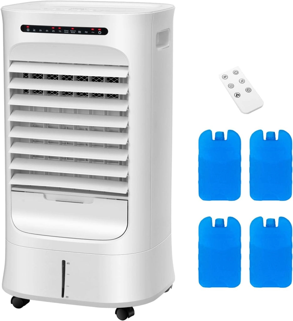 Ventilatore Condizionatore Portatile, 4 in 1 Ventilatore, Umidificatore, Purificatore d'Aria, Climatizzatore, Timer 15H, 3 Modalità & 3 Velocità, Telecomando, 2 Confezioni di Raffreddamento