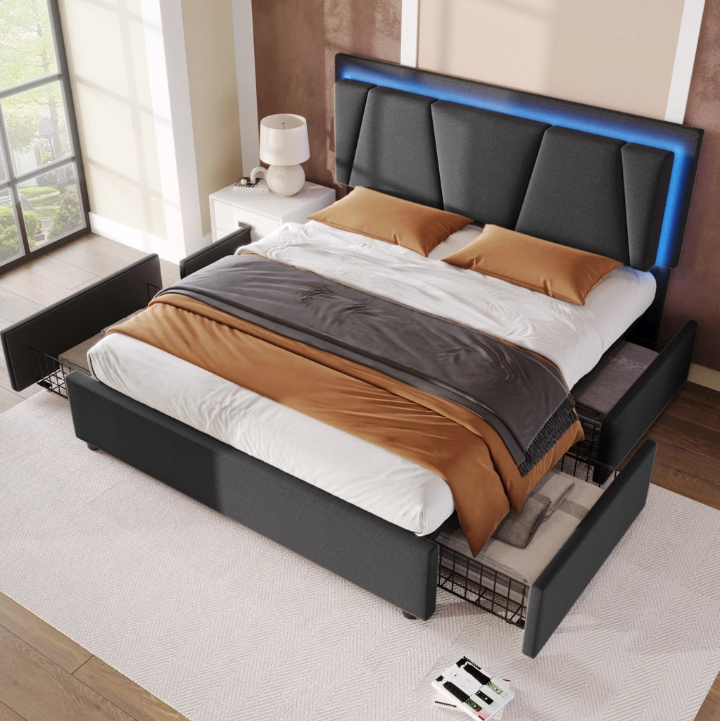 Letto contenitore 160x200 cm con LED, 4 cassetti e testiera regolabile