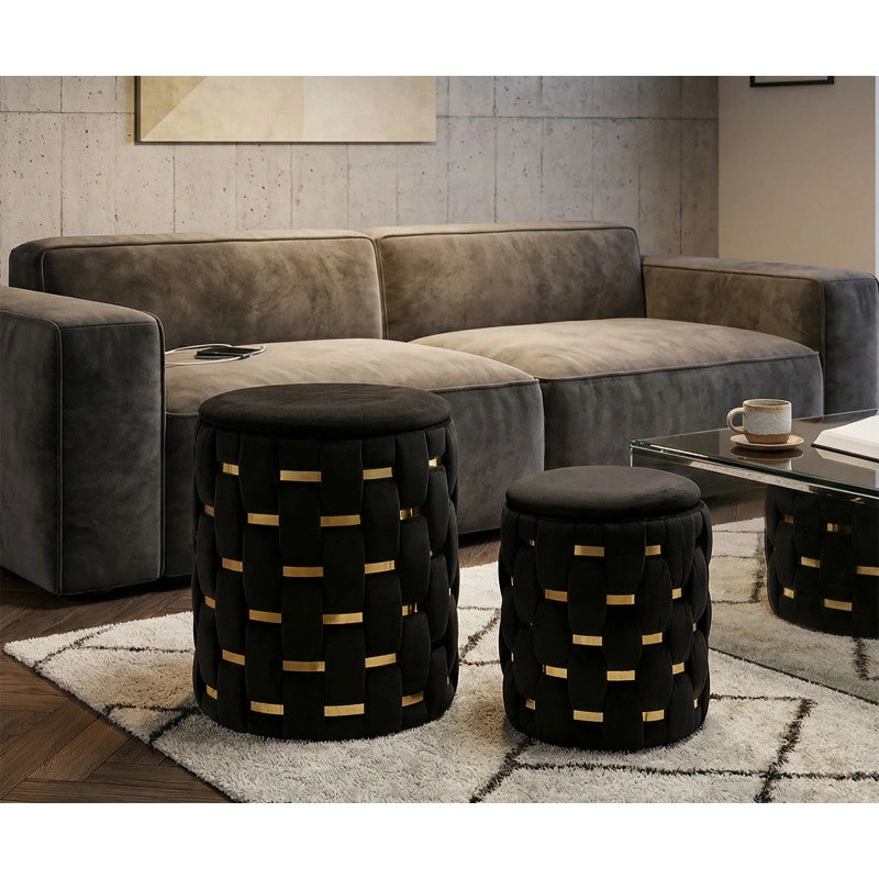 Puff Con Contenitore Shanty Nero Set 2 Pz cm ø 37x42-28x35
