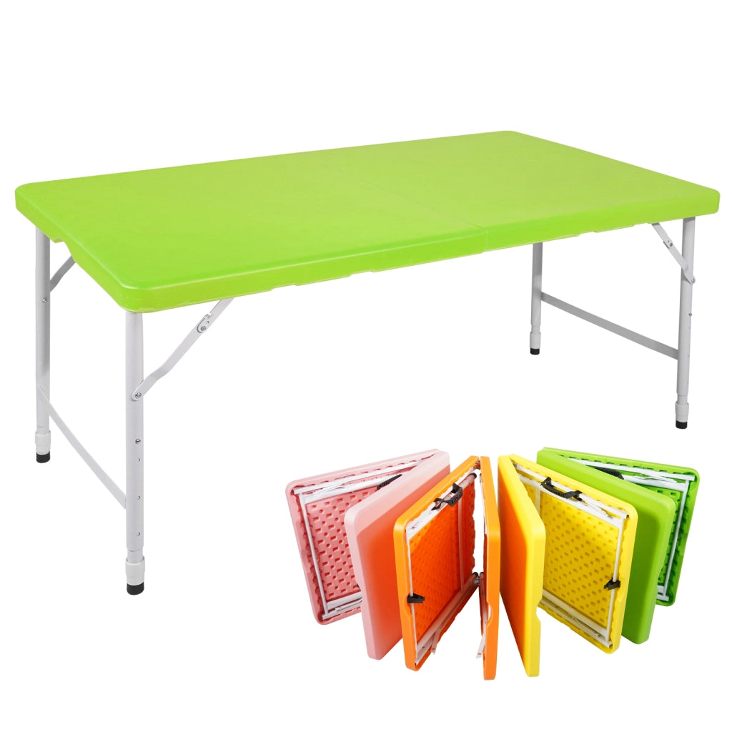 Tavolo pieghevole con piano in plastica ad alta densità e telaio in acciaio, altezza regolabile, per interno ed esterno, verde, 125 × 61 × 58-74 cm