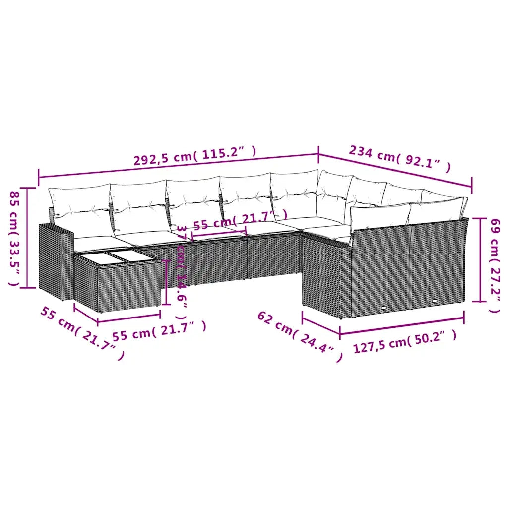 Set Divani da Giardino 10 pz con Cuscini Grigio in Polyrattan