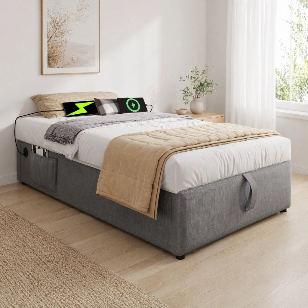 Letto imbottito 90x190 cm con contenitore, USB e Type-C, grigio
