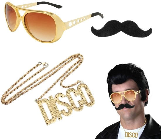 Set di costume hiphop anni 80/90 con accessorio zonnebril, catena disco, finta barba e costume da travestimento.