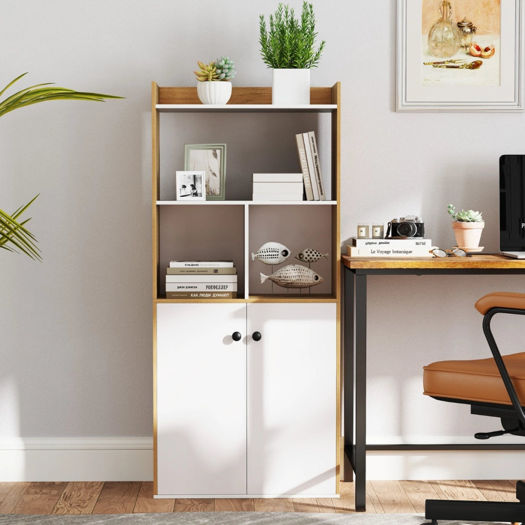 Libreria moderno con ripiani ante e scomparti aperti-Scaffale multiuso con gambe inclinate per soggiorno 60x30x140cm