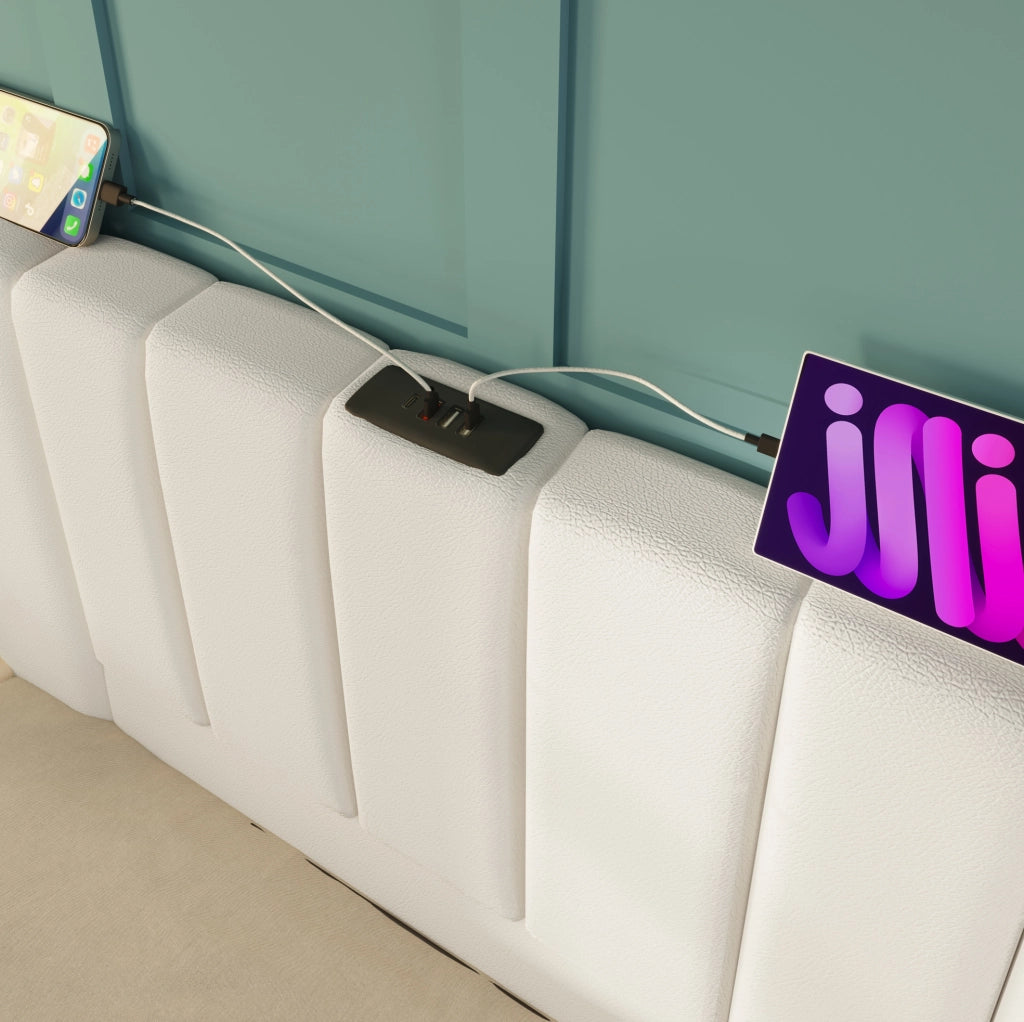 Letto matrimoniale imbottito 160x200 cm con contenitore; LED 360掳; USB e Type-C; bianco