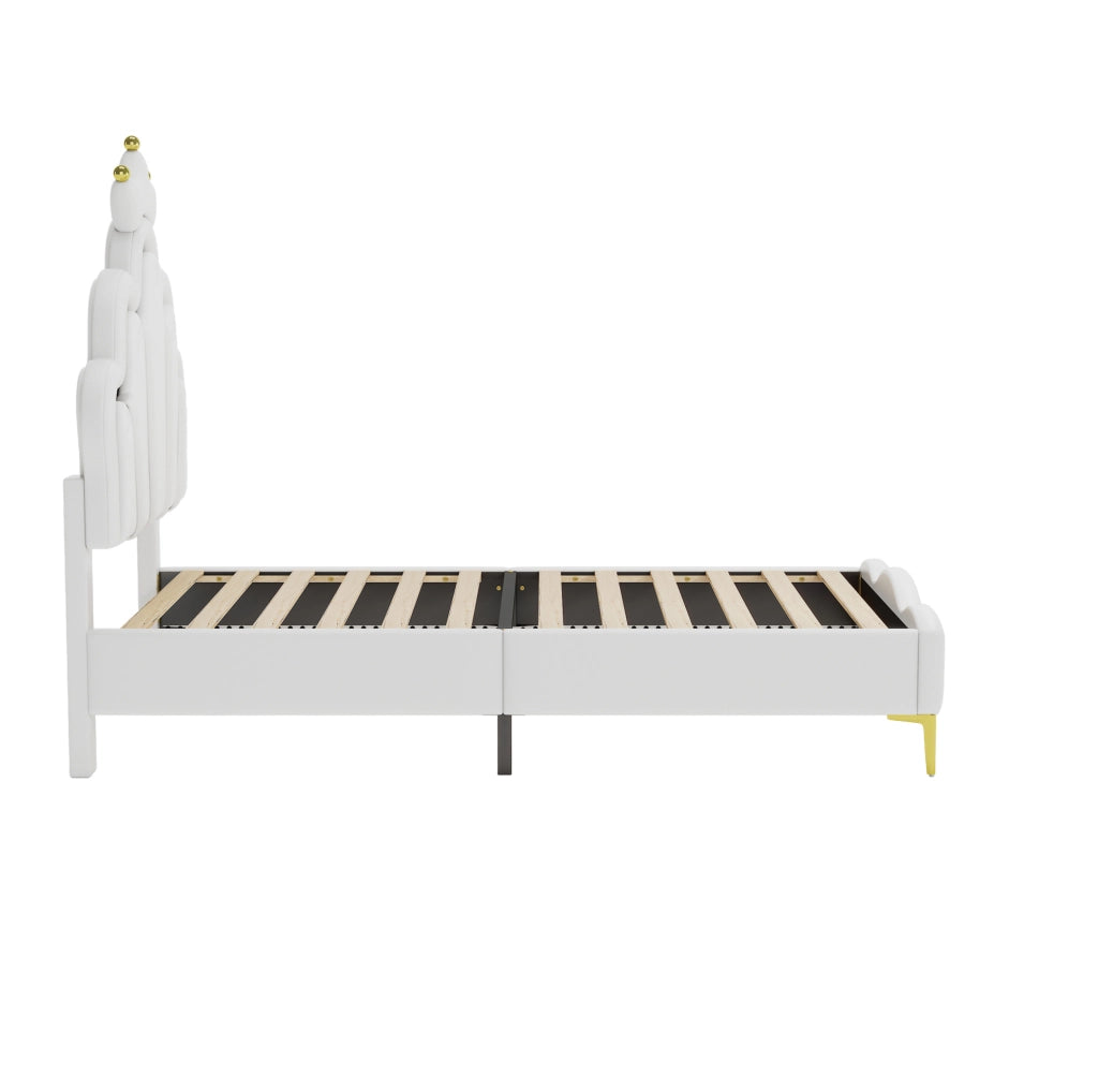 Letto singolo 90x200 cm a corona con LED, rivestimento in PU bianco