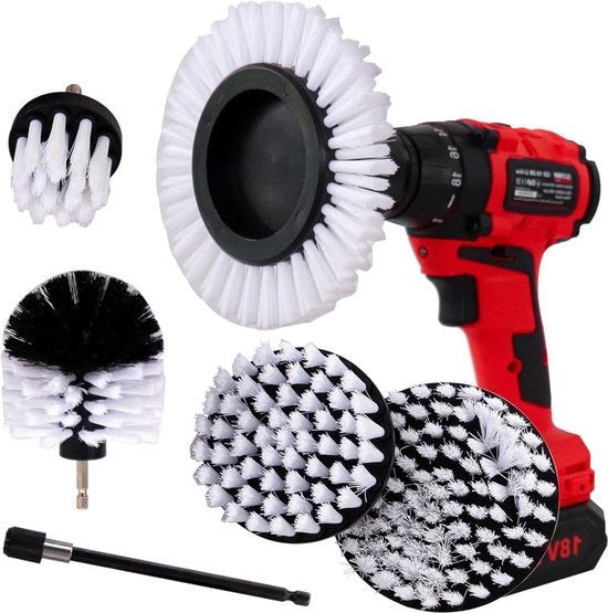 Set di pennelli per pulizia a 6 pezzi - set di pennelli per pulire - manico a sei facce - pennelli a setole morbide per tappeti - fibre vetro metallo - bianco (morbido) - chiave a serraggio per trapano a batteria