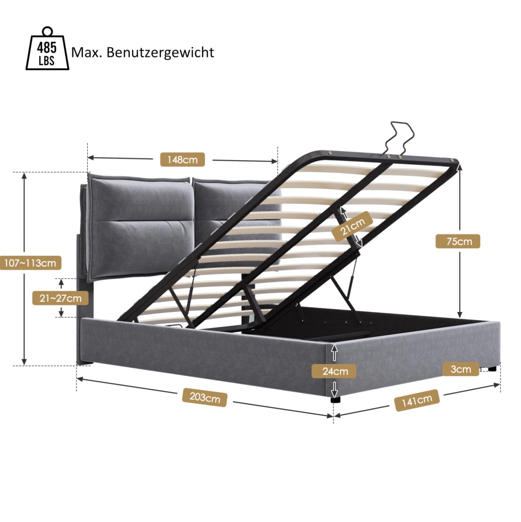 Letto matrimoniale imbottito con contenitore 140x200 cm in velluto grigio; testiera regolabile