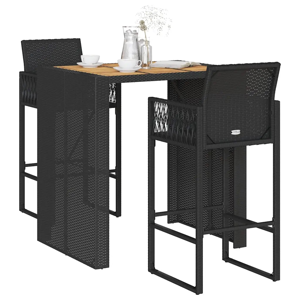 Set Bar da Giardino 3pz senza Cuscini Nero in Polyrattan Acacia