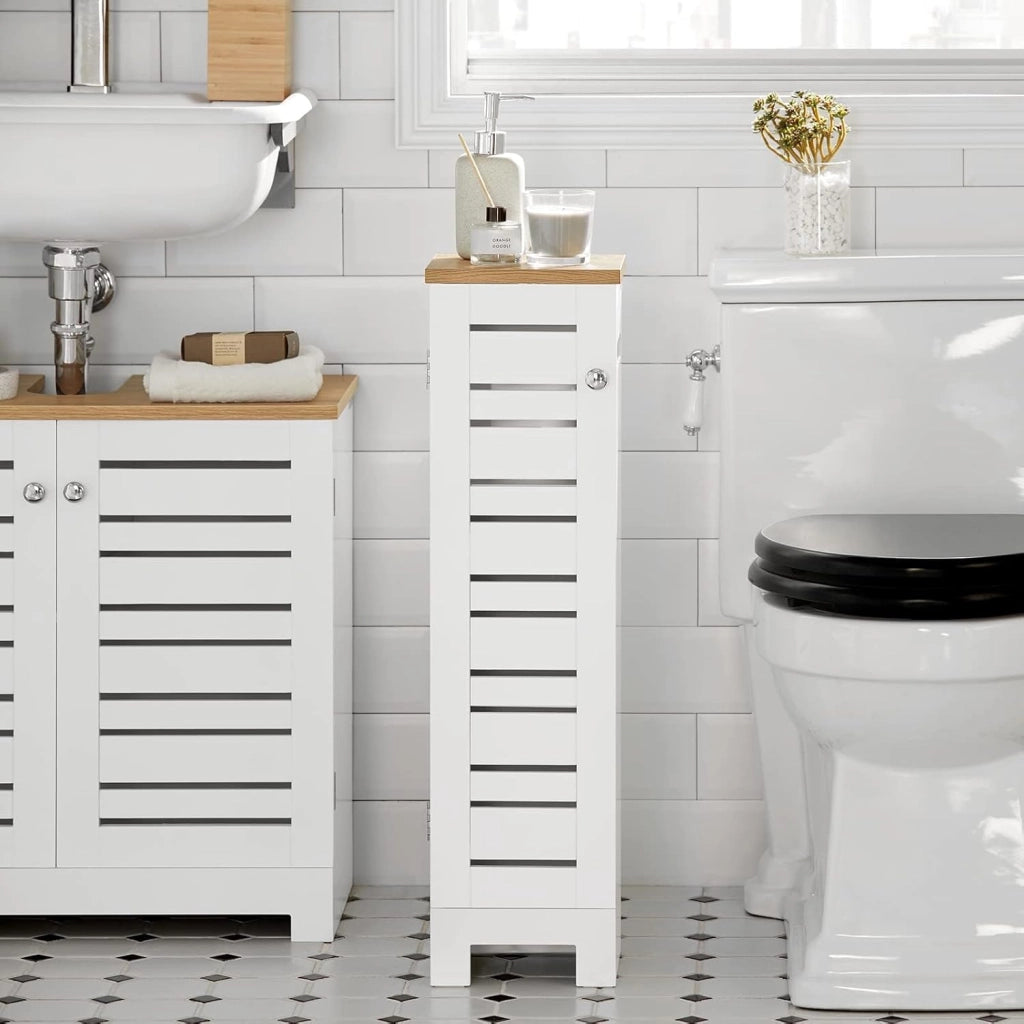 Armadio da Bagno Stretto – Mobiletto Salvaspazio in Legno – Porta Rotolo Freestanding per WC, Mobile da Bagno Resistente all'Umidità, Bianco-Naturale, 20x75x18 cm, BZR85-W