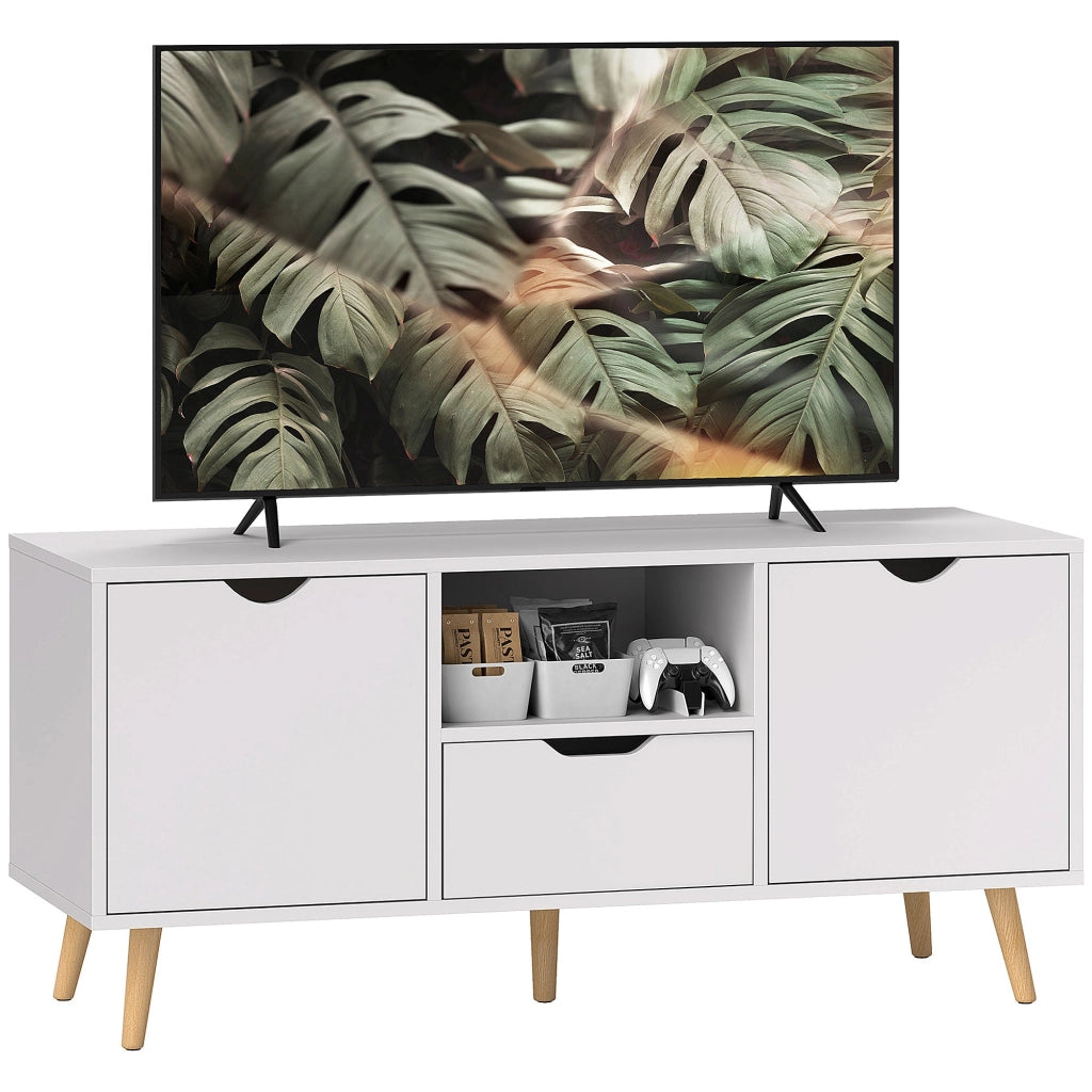 Mobile TV Max 50" con Cassetto, Ripiano Aperto e Armadietti 110x40x50 cm Bianco e Legno