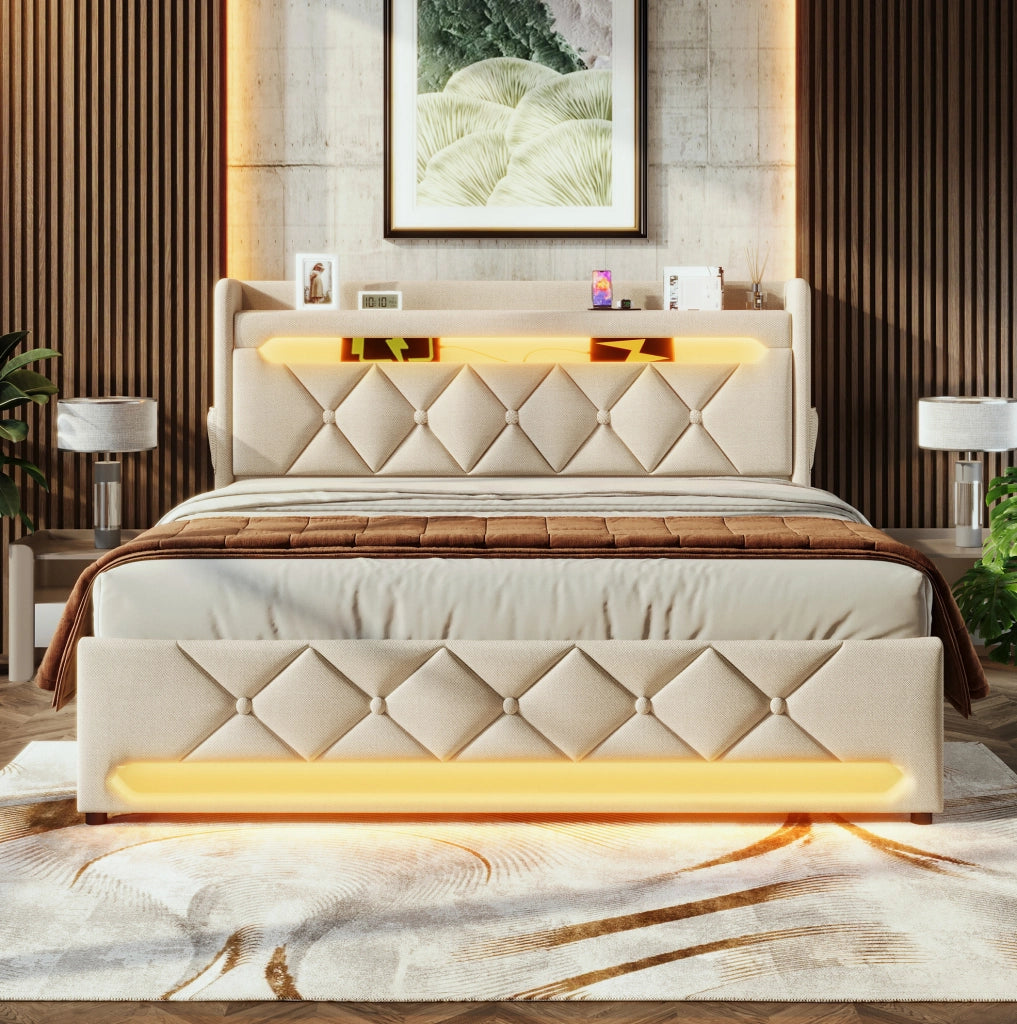 Letto imbottito ULEVR 180x200 cm beige in lino con LED 360¡ã, contenitore idraulico e USB/Type-C