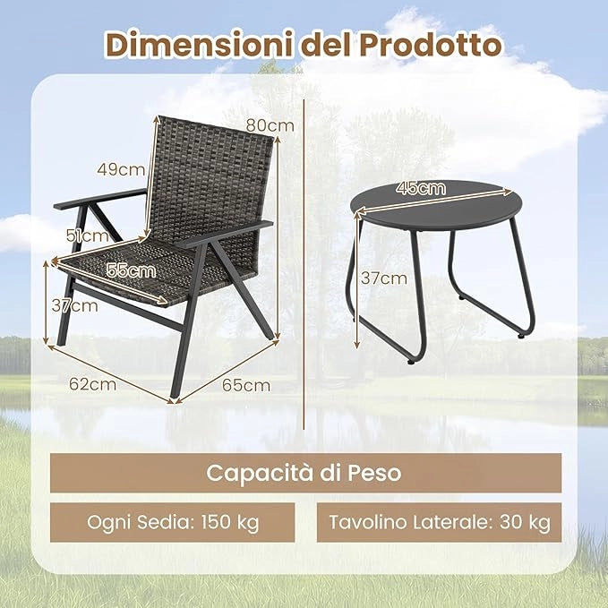 Set Tavolino e 2 Sedie, Salottino da Giardino Esterno con 2 Poltrone con Braccioli in Metallo con Schienale e Seduta in Rattan, Set da Giardino per Balcone, Veranda e Bordo Piscina