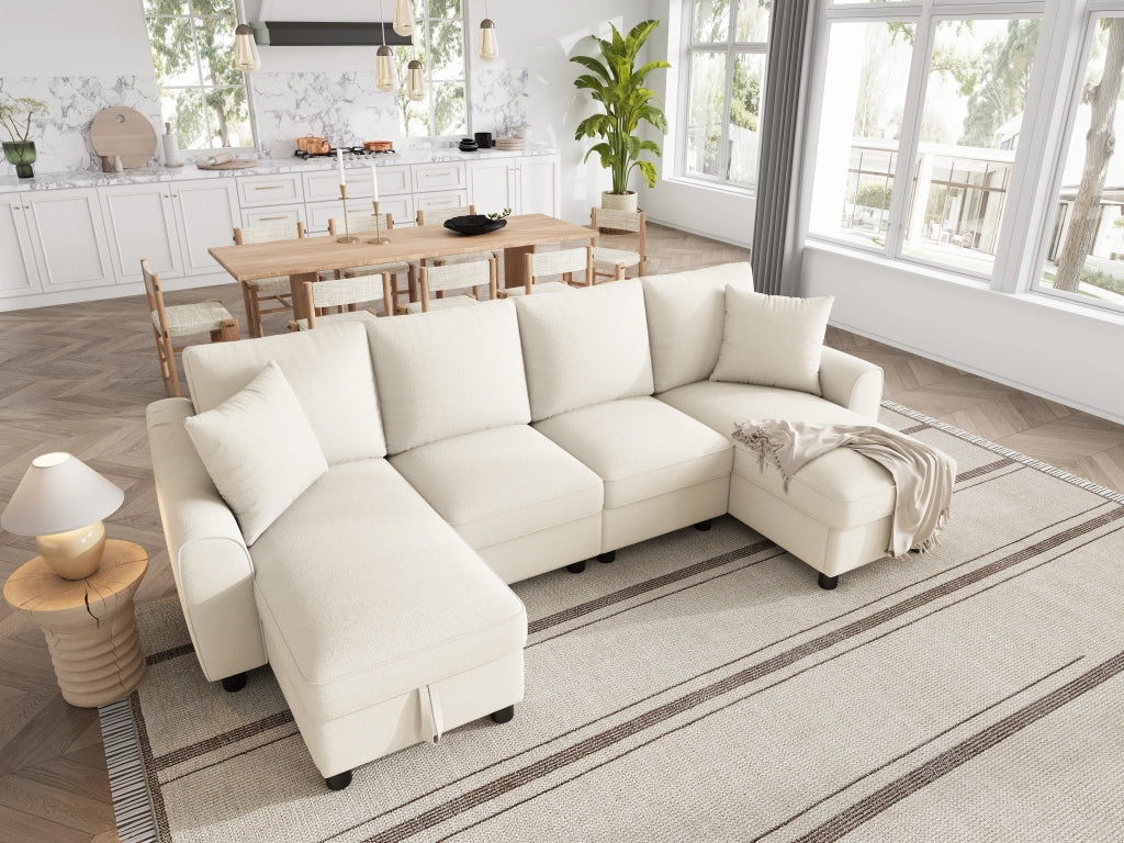 Divano panoramico a U modulare con contenitore e cuscini in chenille beige 280 × 137 × 84 cm