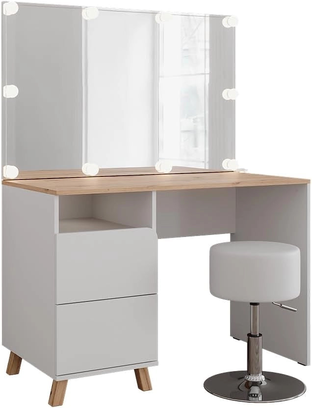 Tavolo da toeletta Karen, Bianco/Artisan, 110 cm con sgabello e luci fiabesche a LED, Materiali robusti per un utilizzo duraturo