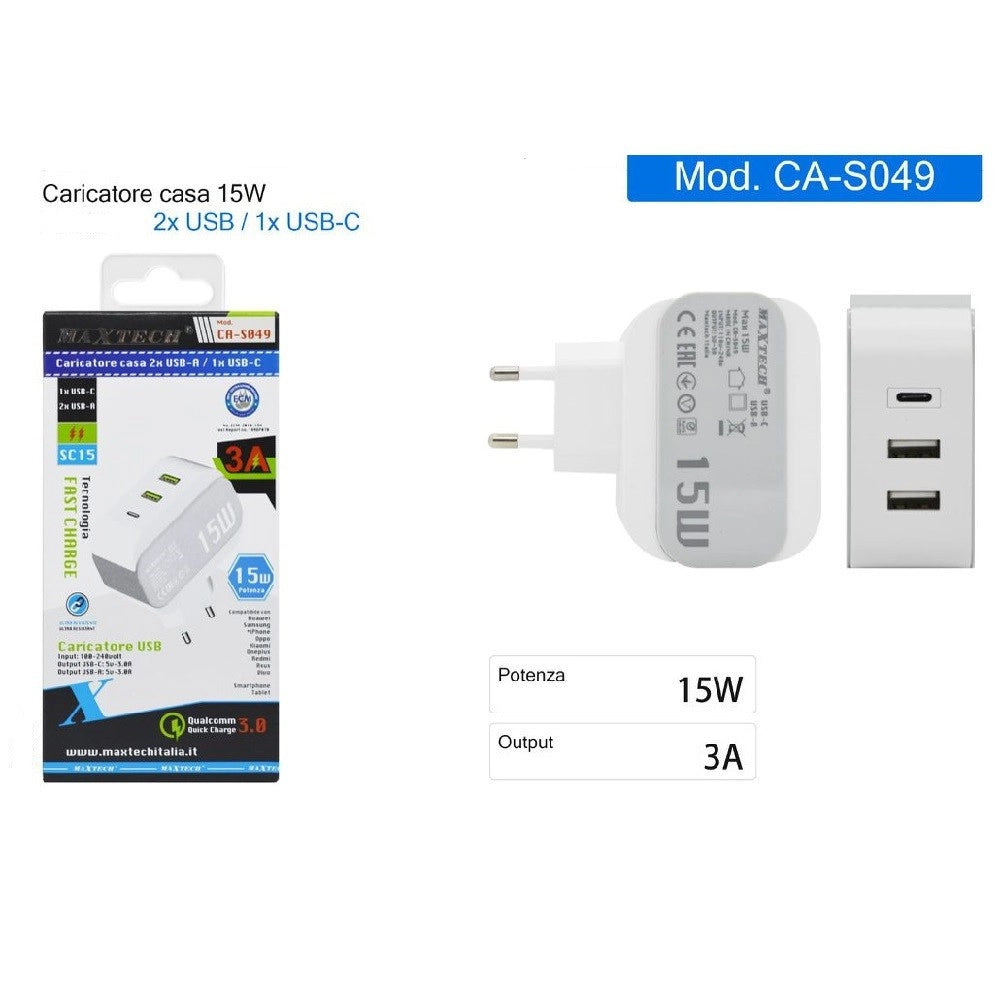 Trade Shop - Caricatore Parete Casa Doppia Porta Usb 1x Usb-c Type-c Ricarica 15w 3a Ca-s049 -