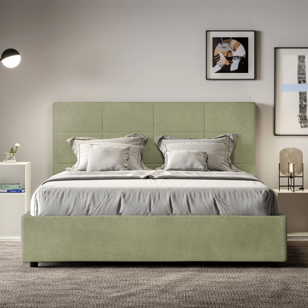 BS COM Letto queen size con rete imbottito 150x210 microfibra tè verde
