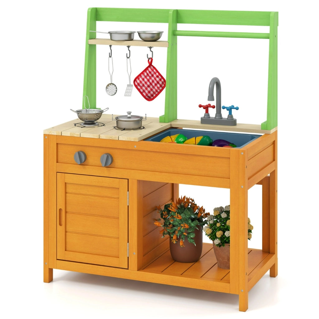 Cucina in legno per bambini con fornelli realistici, Giocattoli da esterno per bambini dai 3+ anni Giallo-Cucine giocattoli