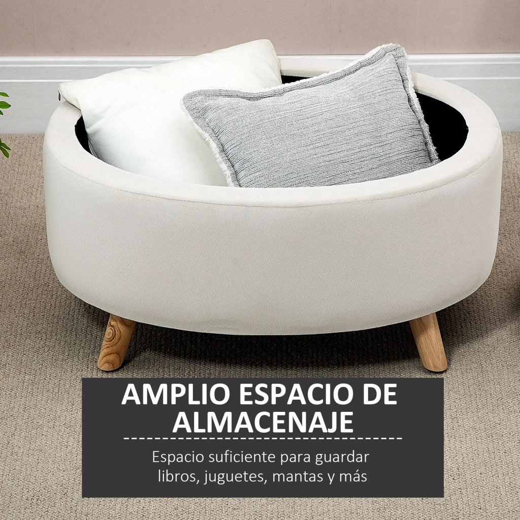 Poltrona Puff con Cassetti ¨C zephmum ¨C 71x51,5x42 cm, Velluto Beige, Gambe in Legno