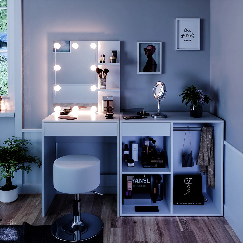 Vicco Tavolo da toeletta Bianco 140 cm con LED, sgabello e armadio