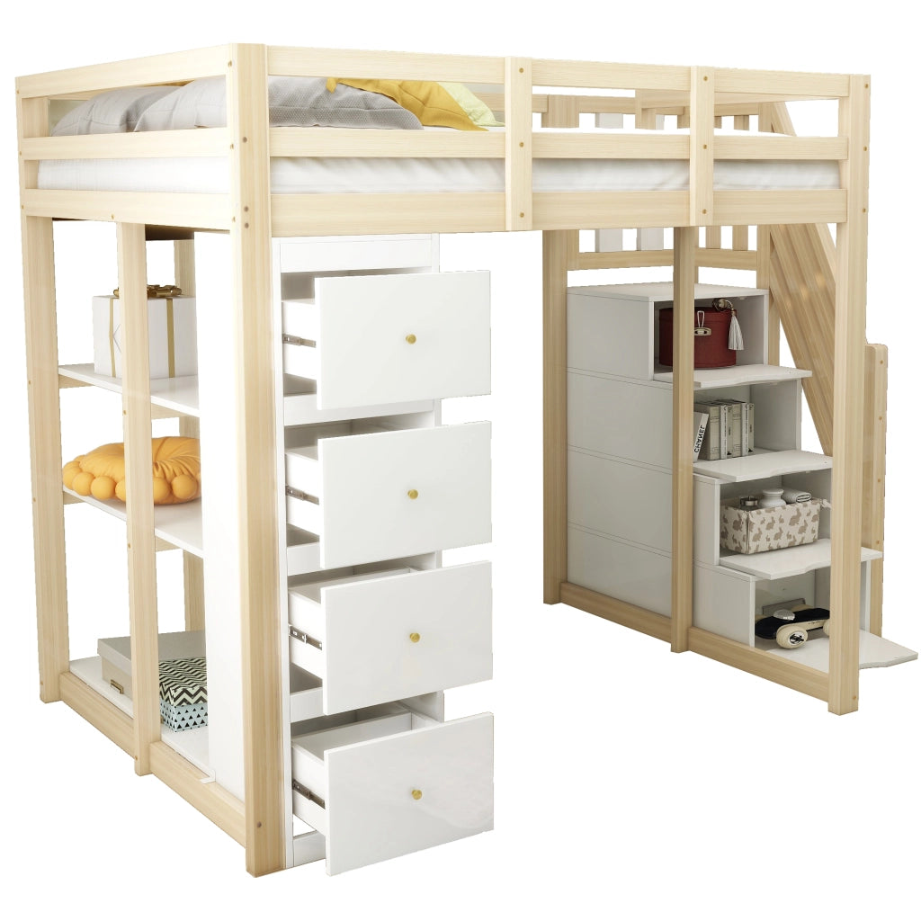 OKWISH Letto a Soppalco 140×200 cm, Letto Matrimoniale con 4 Cassetti, Scala con Cassetti e Mensole, senza Materasso, Naturale e Bianco