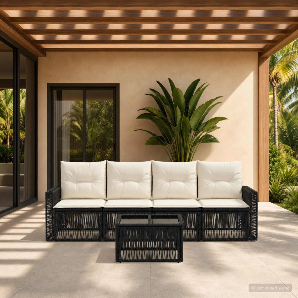 Set Divano da Giardino 5 pz Nero e Bianco Crema polyrattan 3435049