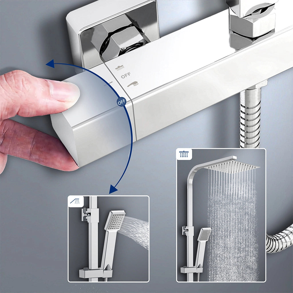 colonna doccia quadrata completo di miscelatore termostatico rettangolo, soffione quadrato 20x20cm, cromo