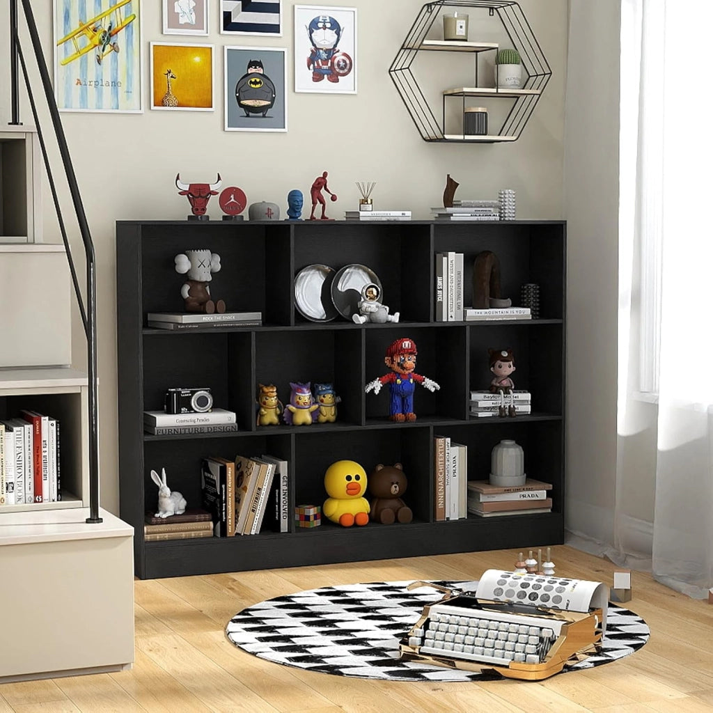 COSTWAT Libreria a 10 Cubi, Organizzatore di Stoccaggio a 3 Ripiani con 2 Kit Anti-Ribaltamento, Scaffale Multiuso in Legno per Soggiorno Camera da Letto Ufficio, 140x24x104 cm (Nero)