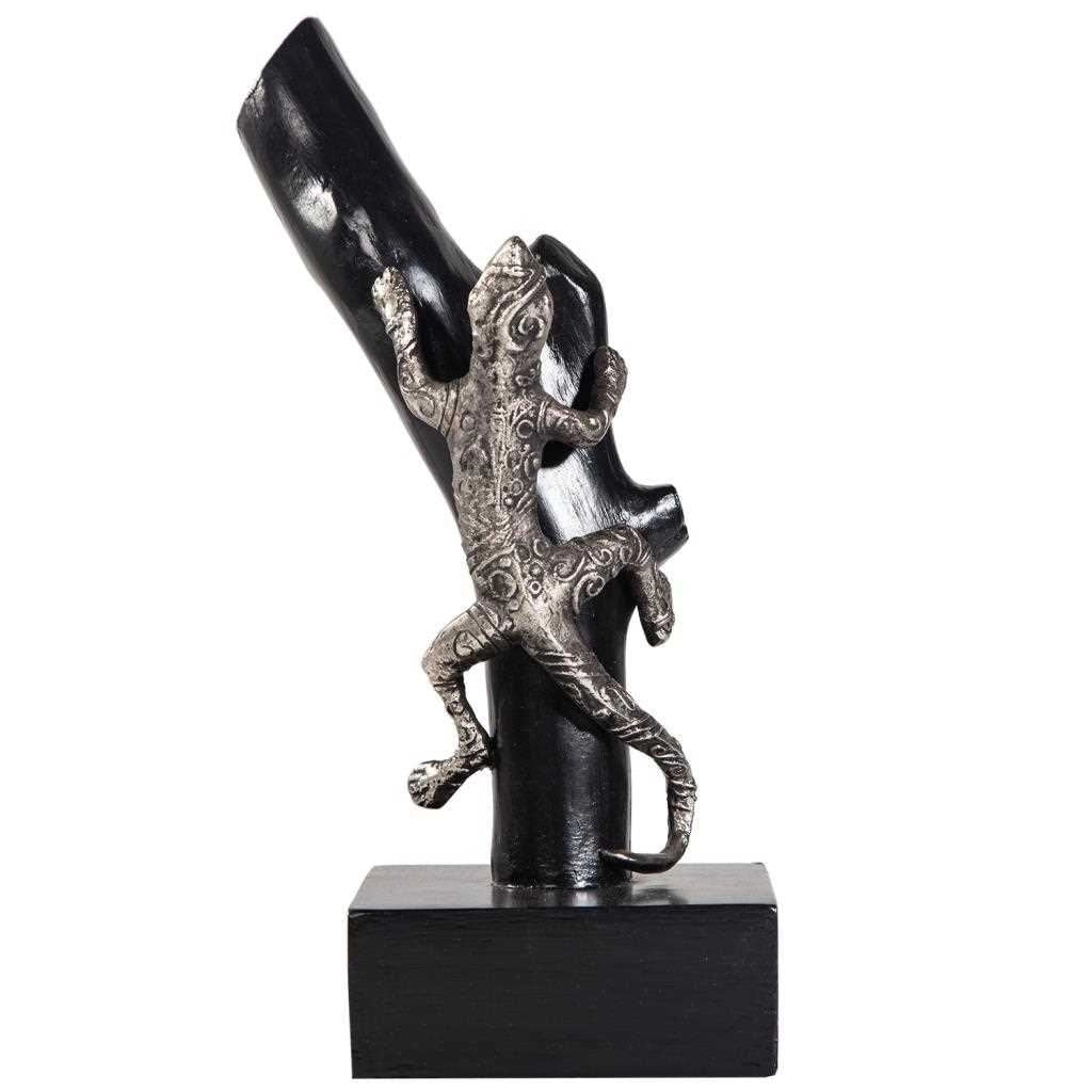 Figura lucertola in legno e alluminio con supporto 13x17,5x32,5h