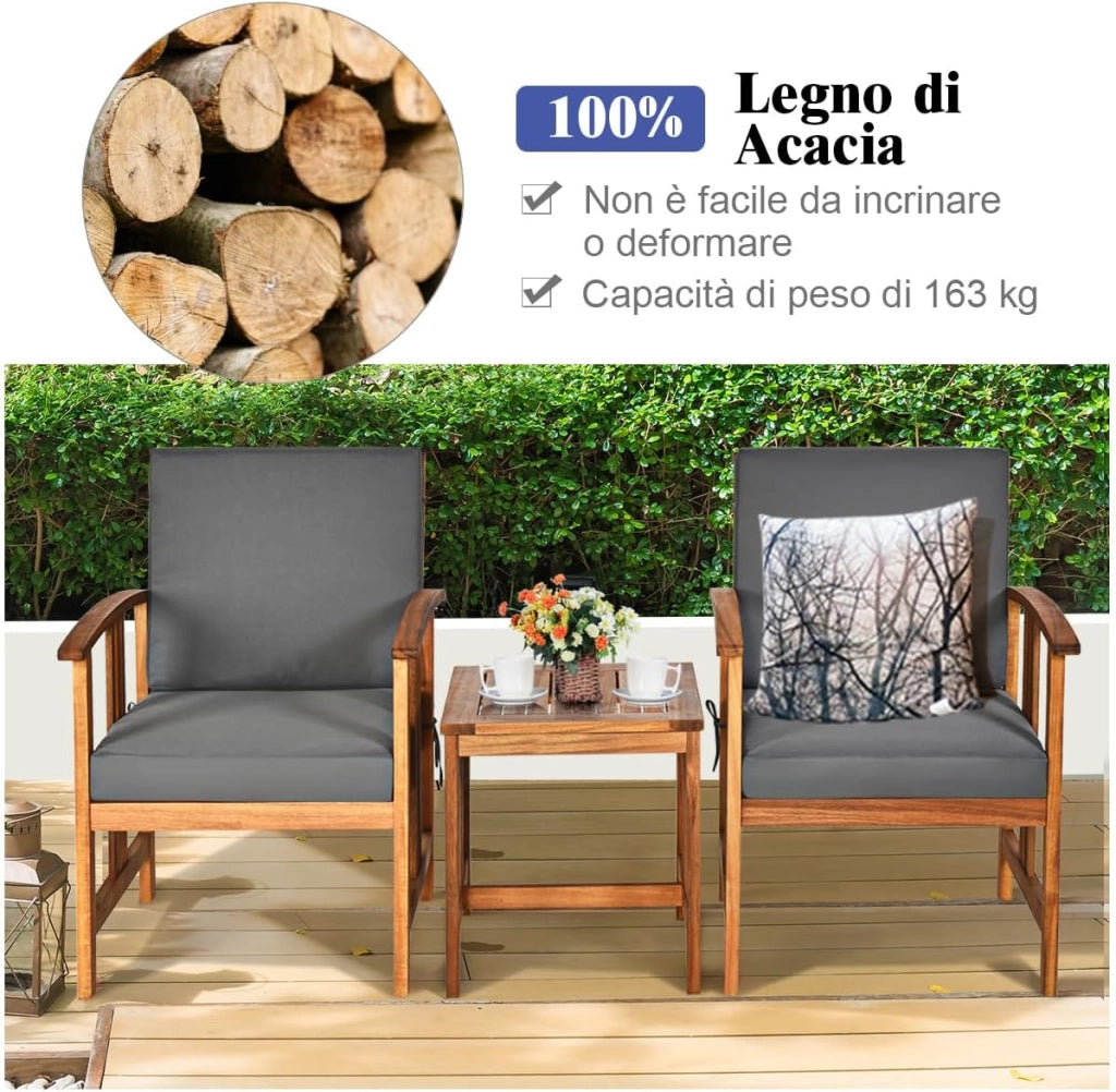 Set di Mobili da Giardino, Sedie Imbottiti in Legno con Cuscini e Tavolino da Caffè, Set da Mobili da Esterno per Cortile, Bordo Piscina e Balcone