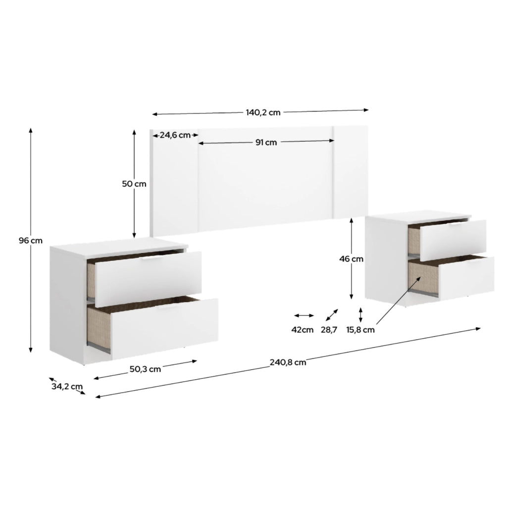 Carson, Testiera Letto 2 Comodini Inclusi, 34x237 cm Bianco