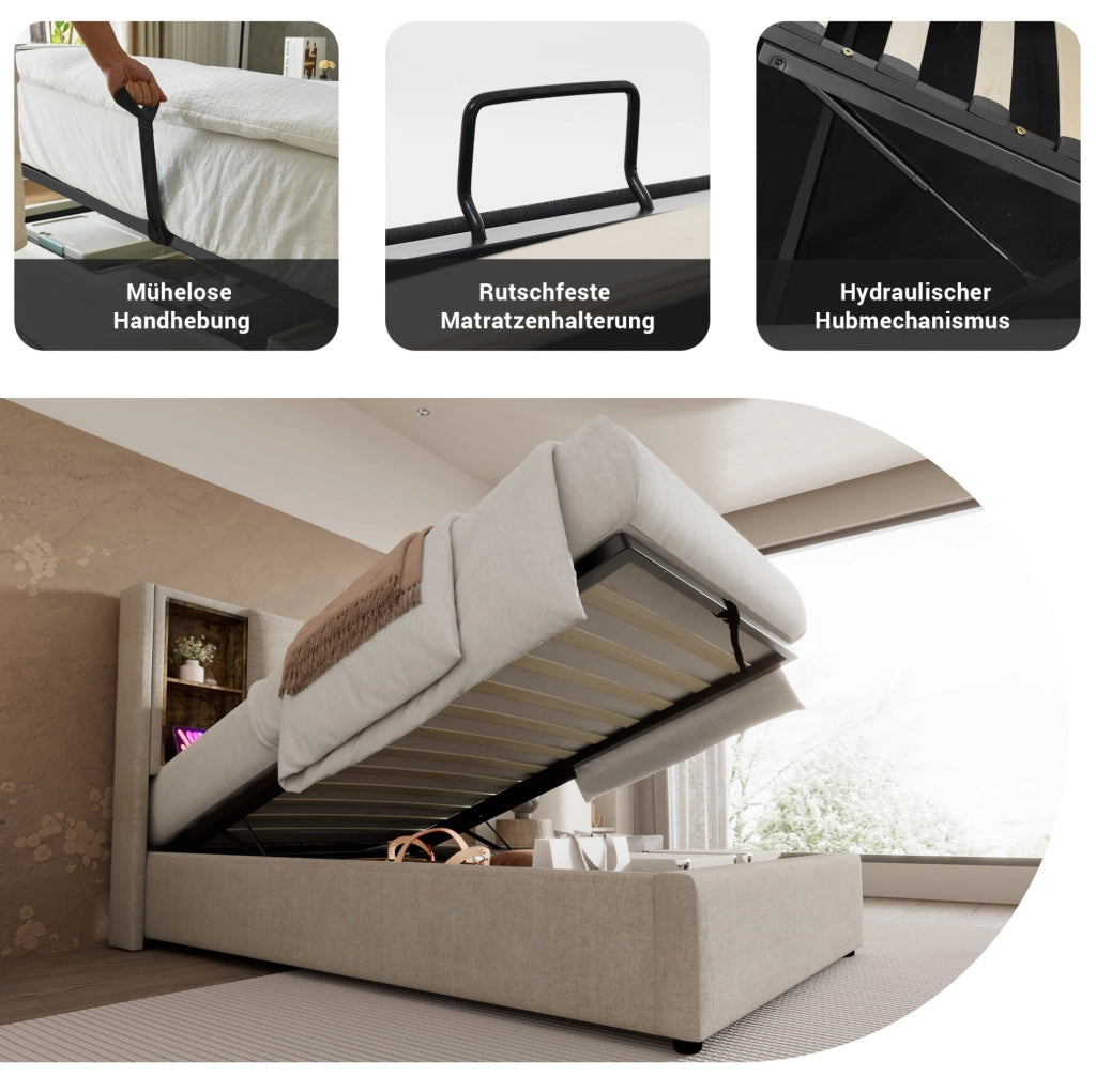 Letto singolo imbottito 90x200 cm con ricarica wireless e USB-C