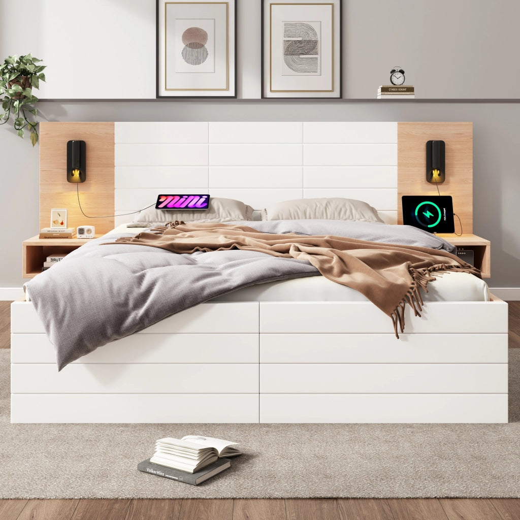 OKWISH Letto Matrimoniale con 2 Comodini e 2 Cassetti, Testiera con Lampada da Lettura Orientabile e USB, Legno Massello e MDF, Bianco