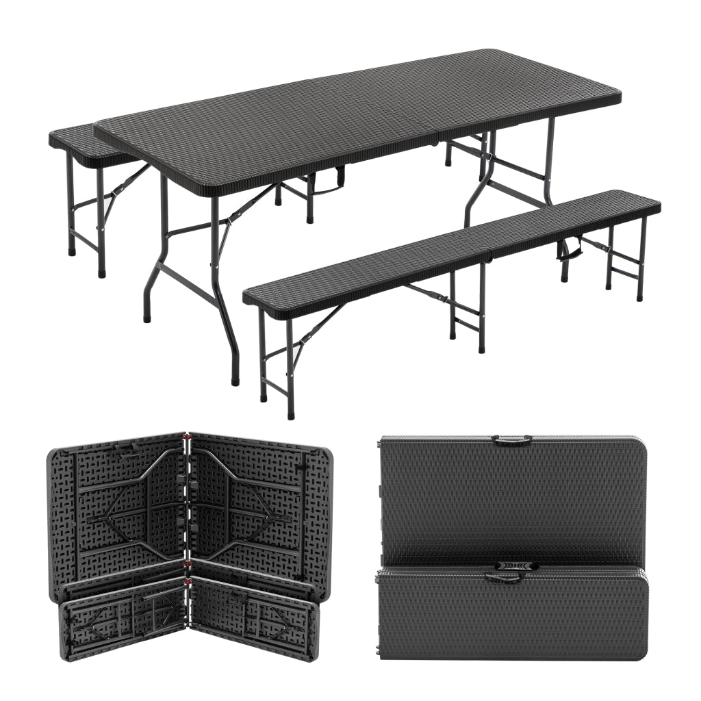 Set tavolo da picnic pieghevole 3 pezzi 6 ft con 2 panche, piano HDPE, chiusura di sicurezza, nero