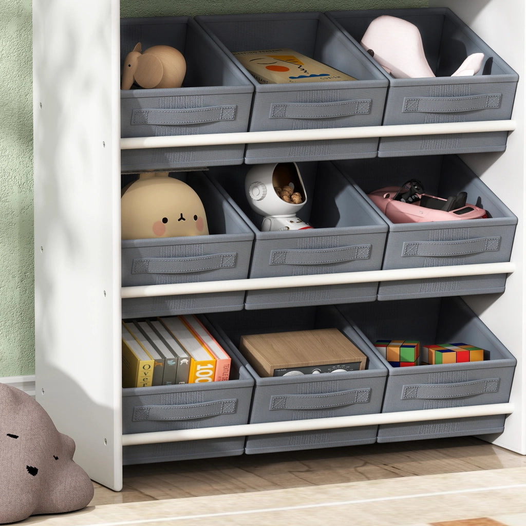 Mobile Portagiochi per Bambini 105x30x80 cm con 11 Cestini in Tessuto Armadietto e Ripiani in MDF Bianco