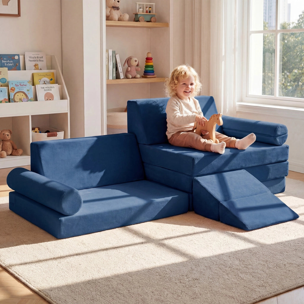 Divano componibile per bambini con rivestimento in velluto cristallo, Divanetto modurale sottovuoto a 10 pezzi Blu