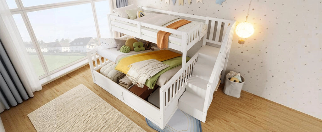 LETTO a castello con scala contenitore 90x200+140x200 cm in pino e MDF bianco
