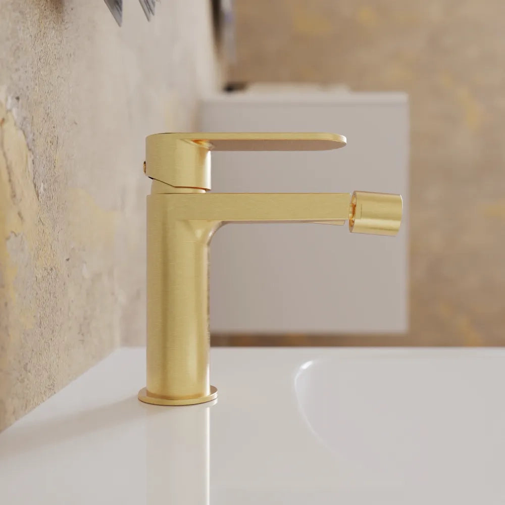 Coppia miscelatori lavabo 13cm e bidet oro spazzolato senza scarico | Margot