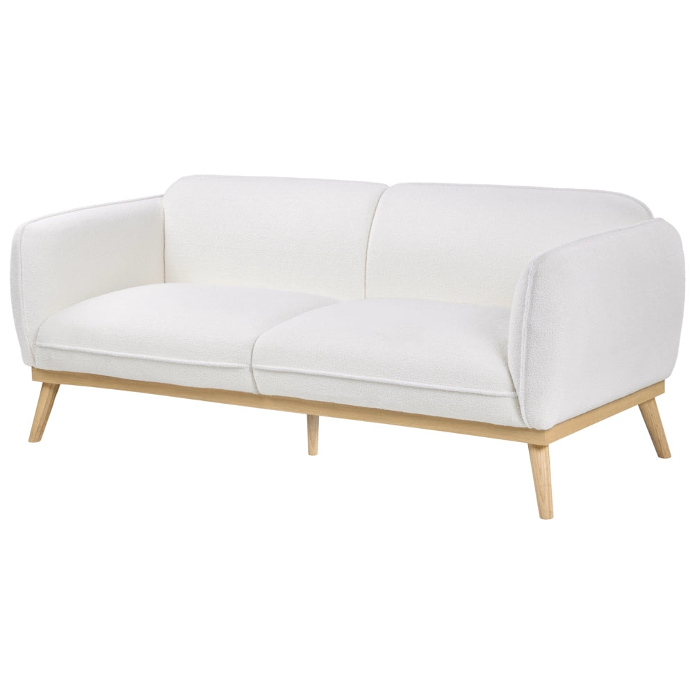 Set da salotto in stile scandinavo con divani a 2 e 3 posti, gambe affusolate in legno e rivestimento in bouclé bianco