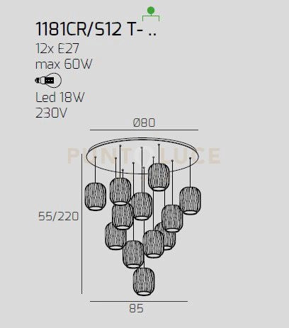 SOSPENSIONE CROMO 12 LUCI TONDA VETRI 6X TR + 6X FU 1181CR-S12 T-TF